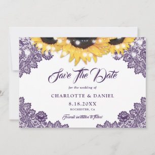 Purple Sunflower Floral Lace String Lights Wedding Save The Date