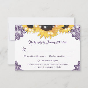 Purple Sunflower Lace Wedding Meal Choice RSVP Card