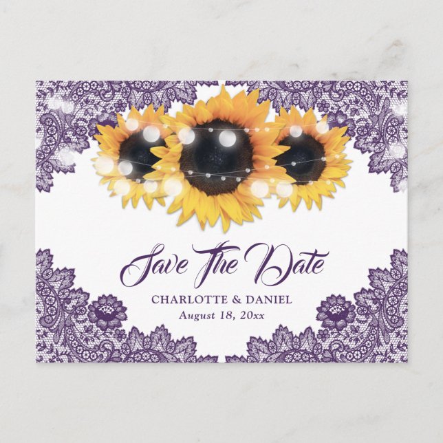 Purple Sunflower Lace Wedding Save The Date Announcement Postcard (Front)