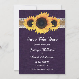 Purple Sunflower Rustic Burlap Lace Wedding Save The Date