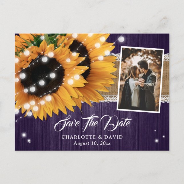 Purple Sunflower String Lights Wood Wedding Photo Announcement Postcard (Front)