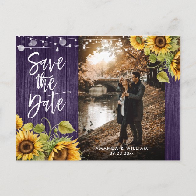 Purple Sunflower Wedding Photo Save The Date Announcement Postcard (Front)