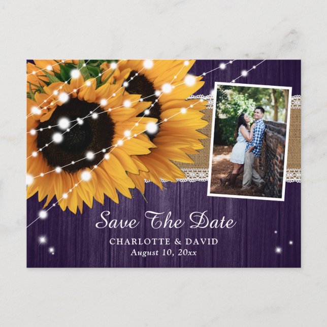 Purple Sunflower Wedding Photo Save The Date Announcement Postcard (Front)