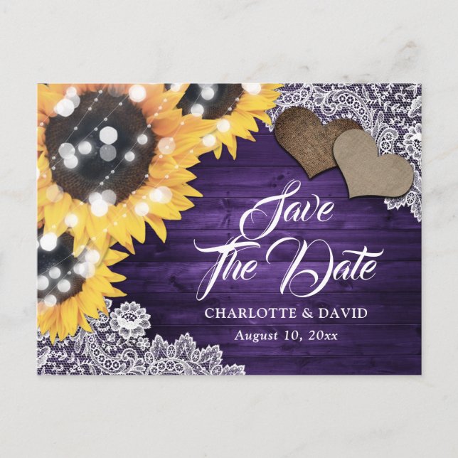 Purple Sunflower Wedding Save The Date Announcement Postcard (Front)
