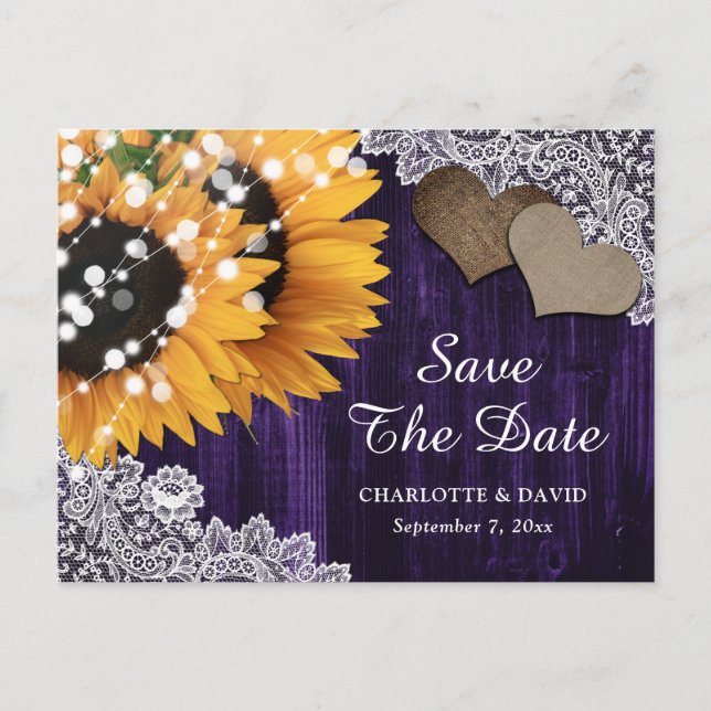 Purple Sunflower Wedding Save The Date Postcard (Front)