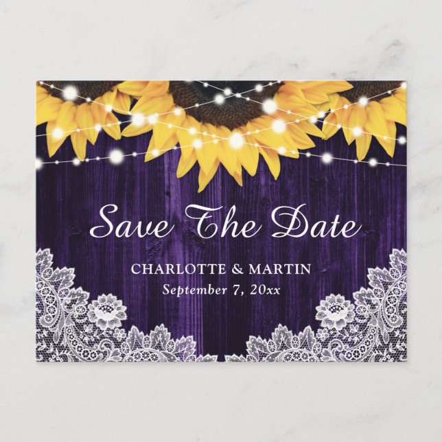 Purple Sunflower Wedding Save The Date Postcard (Front)