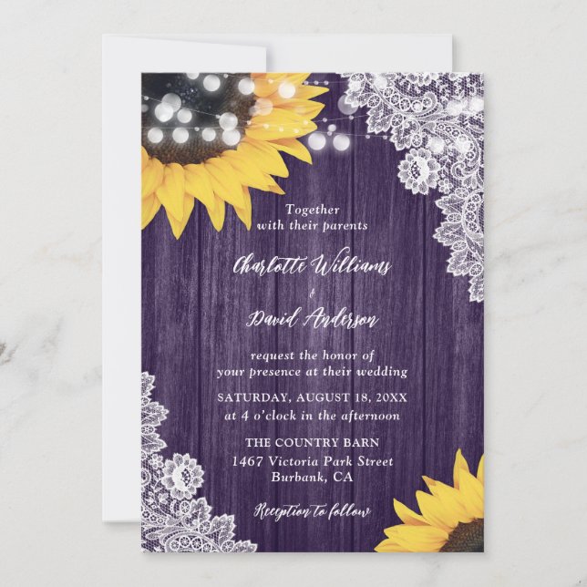 Purple Sunflower Wood Floral Lace Wedding Invitation (Front)