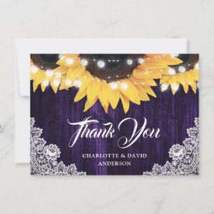 Purple Sunflower Wood Lace String Lights Wedding Thank You Card