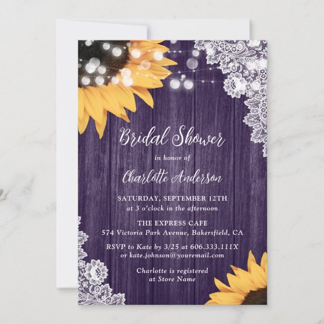 Purple Sunflower Wood String Lights Bridal Shower Invitation (Front)