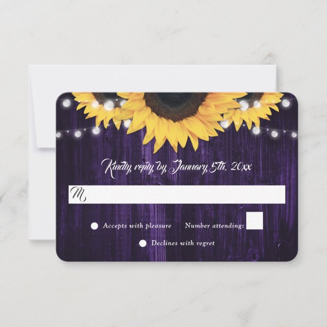 Purple Sunflower Wood String Lights Wedding RSVP Card (Front)