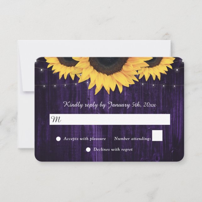 Purple Sunflower Wood String Lights Wedding RSVP Card (Front)