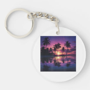 Purple Sunset Beach Palm Trees  Keychain