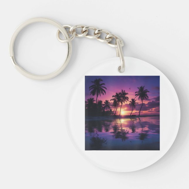 Purple Sunset Beach Palm Trees  Keychain (Front)