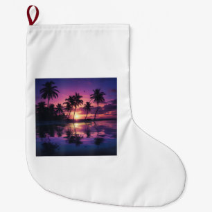 Purple Sunset Beach Palm Trees Large Christmas Stocking