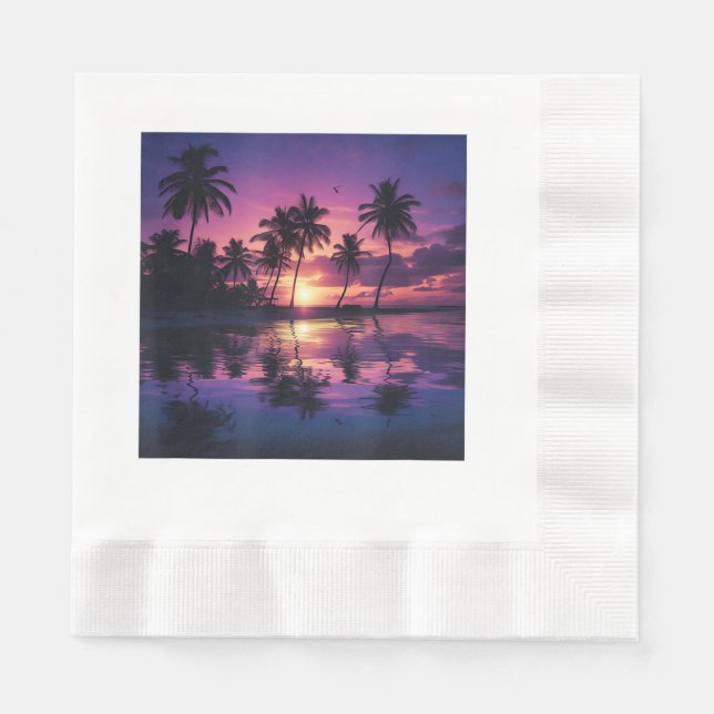 Purple Sunset Beach Palm Trees  Napkin (Front)