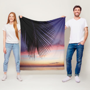 Purple Sunset Beach Tropical Palm Tree Silhouette Fleece Blanket