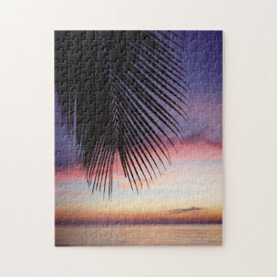 Purple Sunset Beach Tropical Palm Tree Silhouette Jigsaw Puzzle