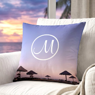 Purple Sunset California Beach Photo Monogram Name Throw Pillow