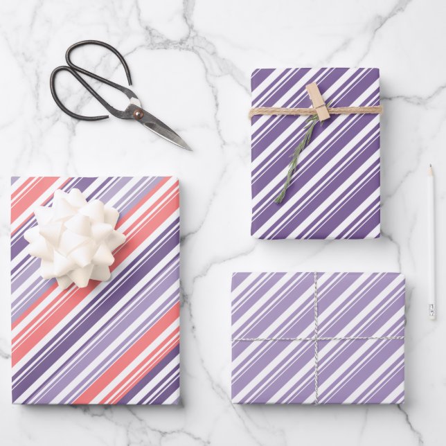 Purple Sunset Candy Cane Stripe Holiday Wrapping Paper Sheet (Front)