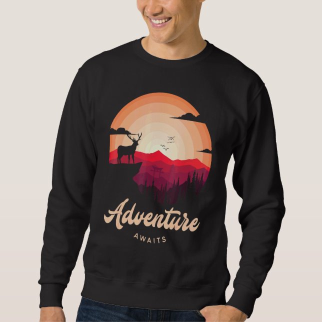 Purple Sunset Mountain Deer Forest Adventure Await Sweatshirt (Front)