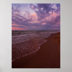 Purple sunset on the sandy beach - Rimini, Italy.  Poster