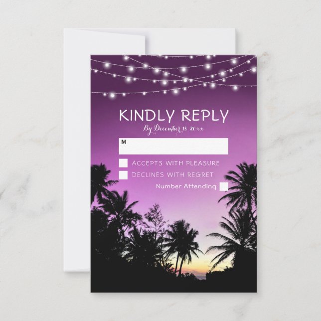 Purple Sunset Palm Tree Beach Lights Wedding RSVP Card (Front)