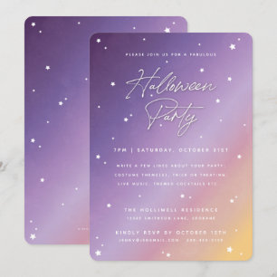 Purple Sunset Script and Stars Halloween Party Invitation