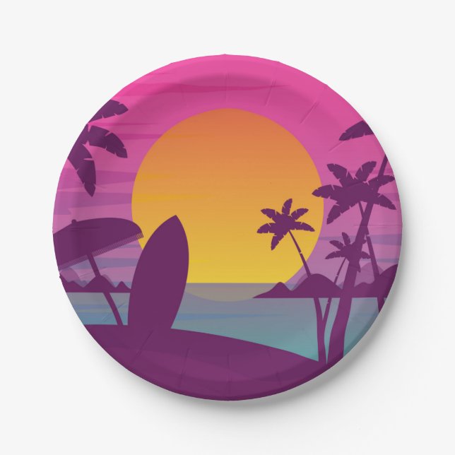 Purple sunset surf beach paper plate (Front)