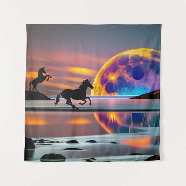 Purple Sunset, unicorns, Full Moon on the beach  Tapestry (Front)