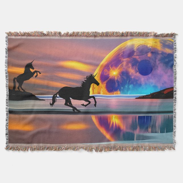 Purple Sunset, unicorns, Full Moon on the beach    Throw Blanket (Front)