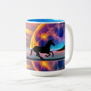 Purple Sunset, unicorns, Full Moon on the beach  Two-Tone Coffee Mug