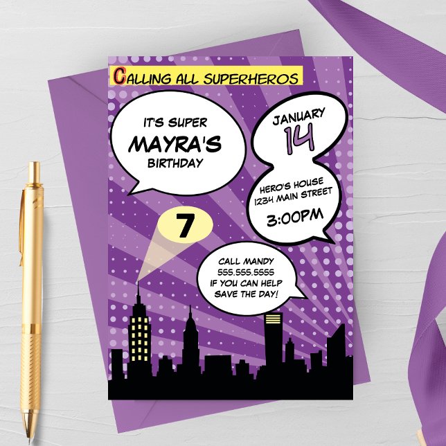 Purple Superheros Comic Book Styled Birthday Party Invitation (Creator Uploaded)