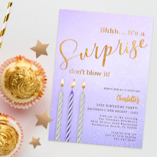 Purple Surprise Birthday Invitation Glitter Candle