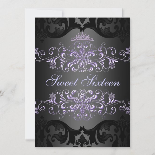 Purple Sweet16 Tiara Damask Birthday Invite (Front)