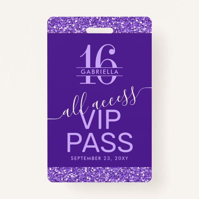 Purple Sweet 16 Invitation VIP Pass Badge (Front)