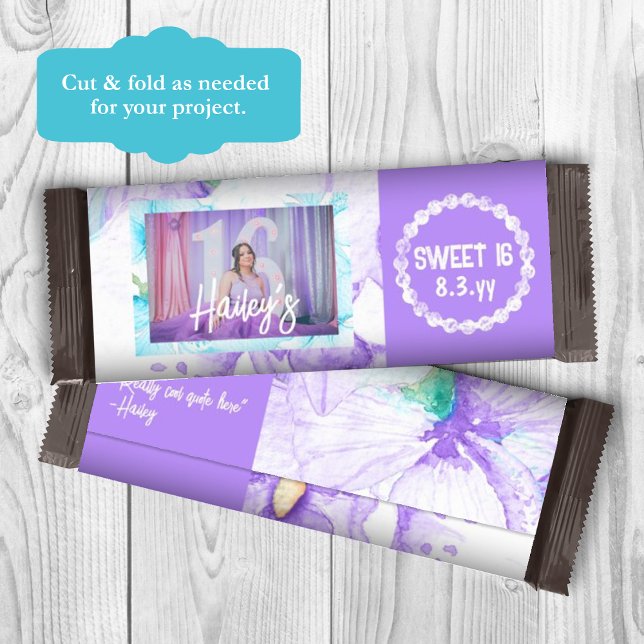 Purple Sweet 16 Personalized Candy Bar Wrapper (purple sweet 16 personalized chocolate candy bar wrapper, birthday photo and name custom label)