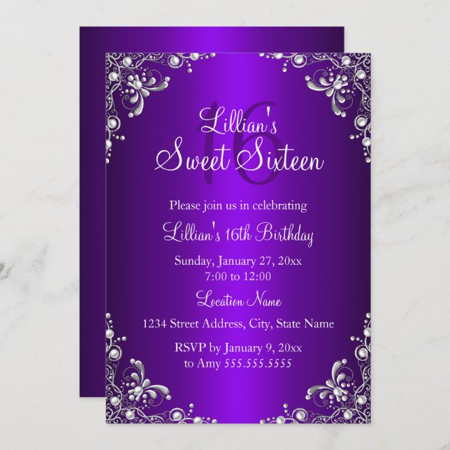 Purple Sweet 16 Silver Pearl Damask Invitation (Front/Back)