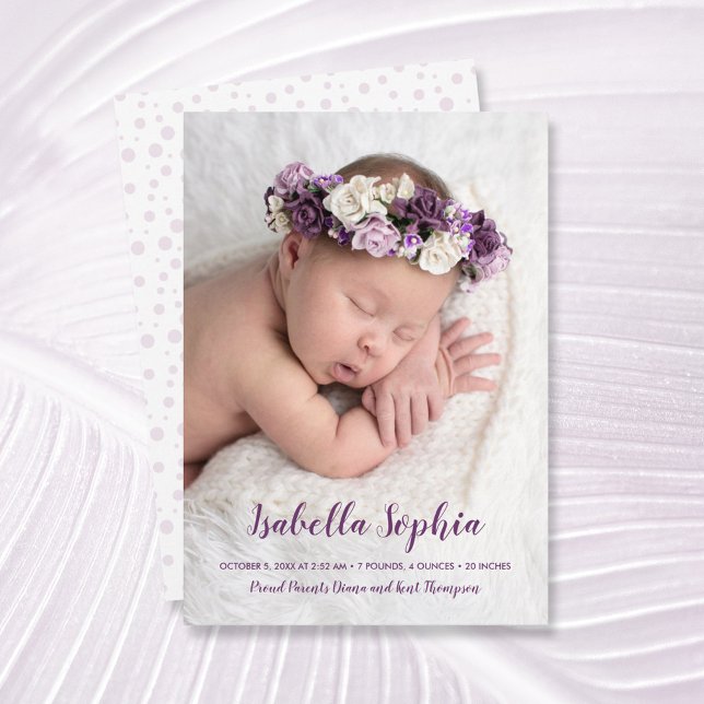 Purple Sweet Baby Photo Birth Announcements (Creator Uploaded)