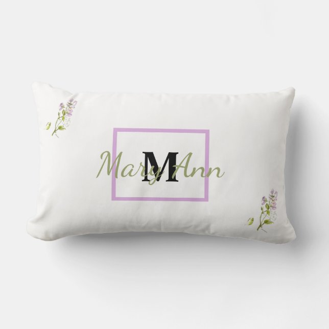 Purple sweet pea watercolor monogram and name lumbar pillow (Front)