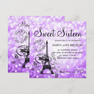Purple Sweet Sixteen Romantic Paris Glam Invitation