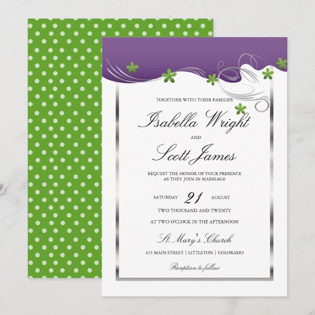 Purple Swirl and Green Floral Design Wedding Invitation (Front/Back)
