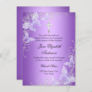 Purple Swirl Butterfly & Cross Baptism Invite