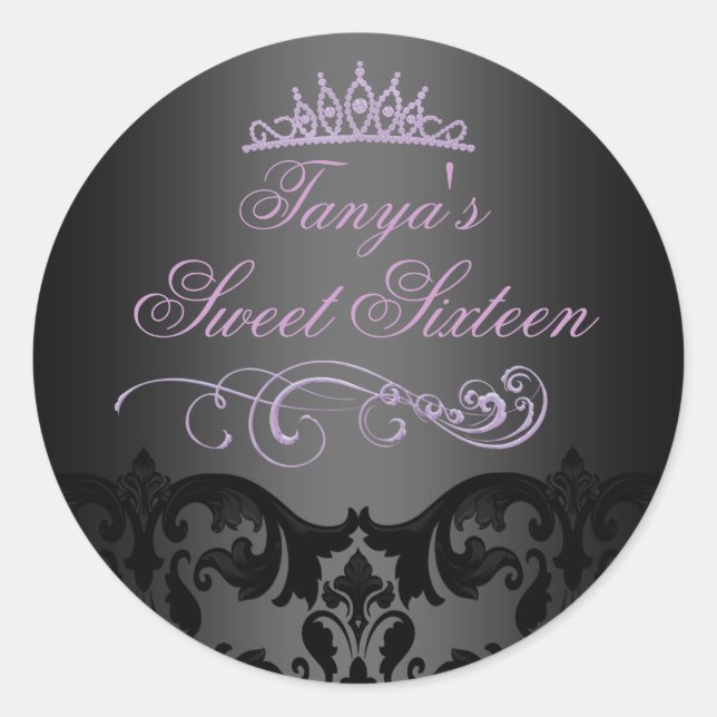 Purple Swirl Damask Sweet 16 Envelope Sticker/seal Classic Round Sticker (Front)