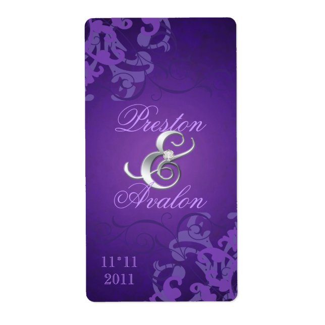 Purple Swirl Silver Jewelled Wedding Wine Label (Front)