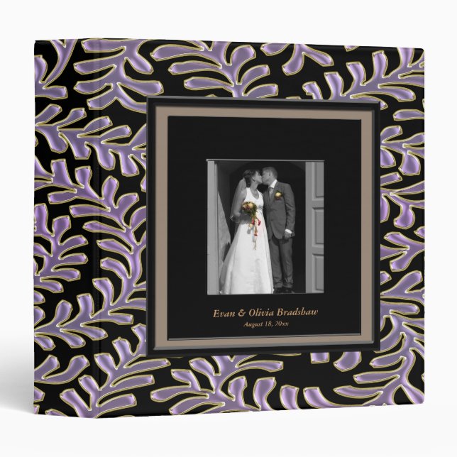 Purple Swirls Black Photo Frame Wedding Albums Binder (Front/Spine)