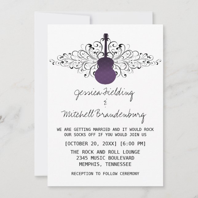 Purple Swirls Guitar Wedding Invitation (Front)