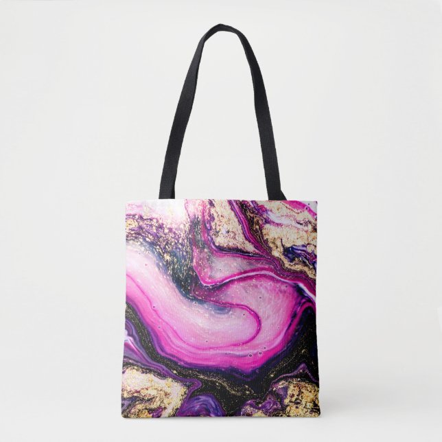 Purple swirls marble with glitter gold tote bag (Front)