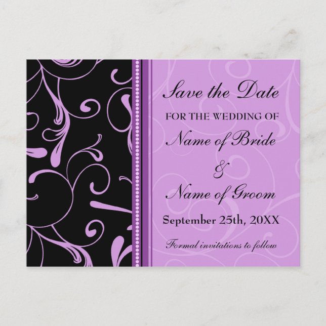 Purple Swirls Save the Date Wedding Postcards (Front)