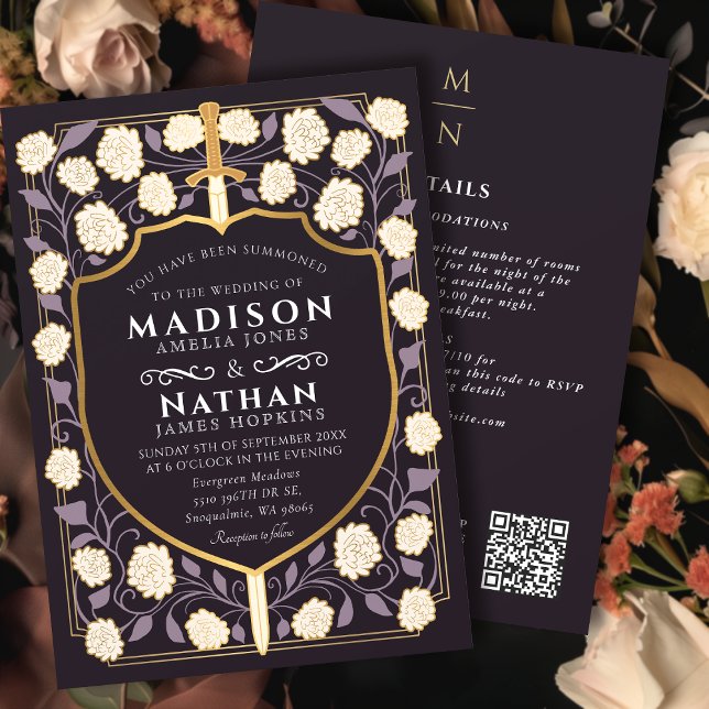 Purple Sword Shield Fantasy Wedding QR Code Invitation (Creator Uploaded)