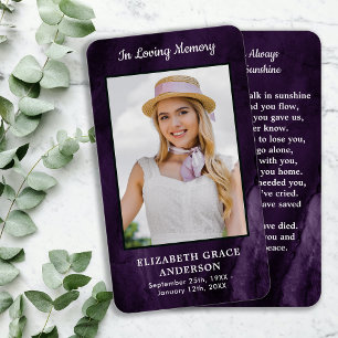 Purple Sympathy Photo Memorial Funeral Prayer Card